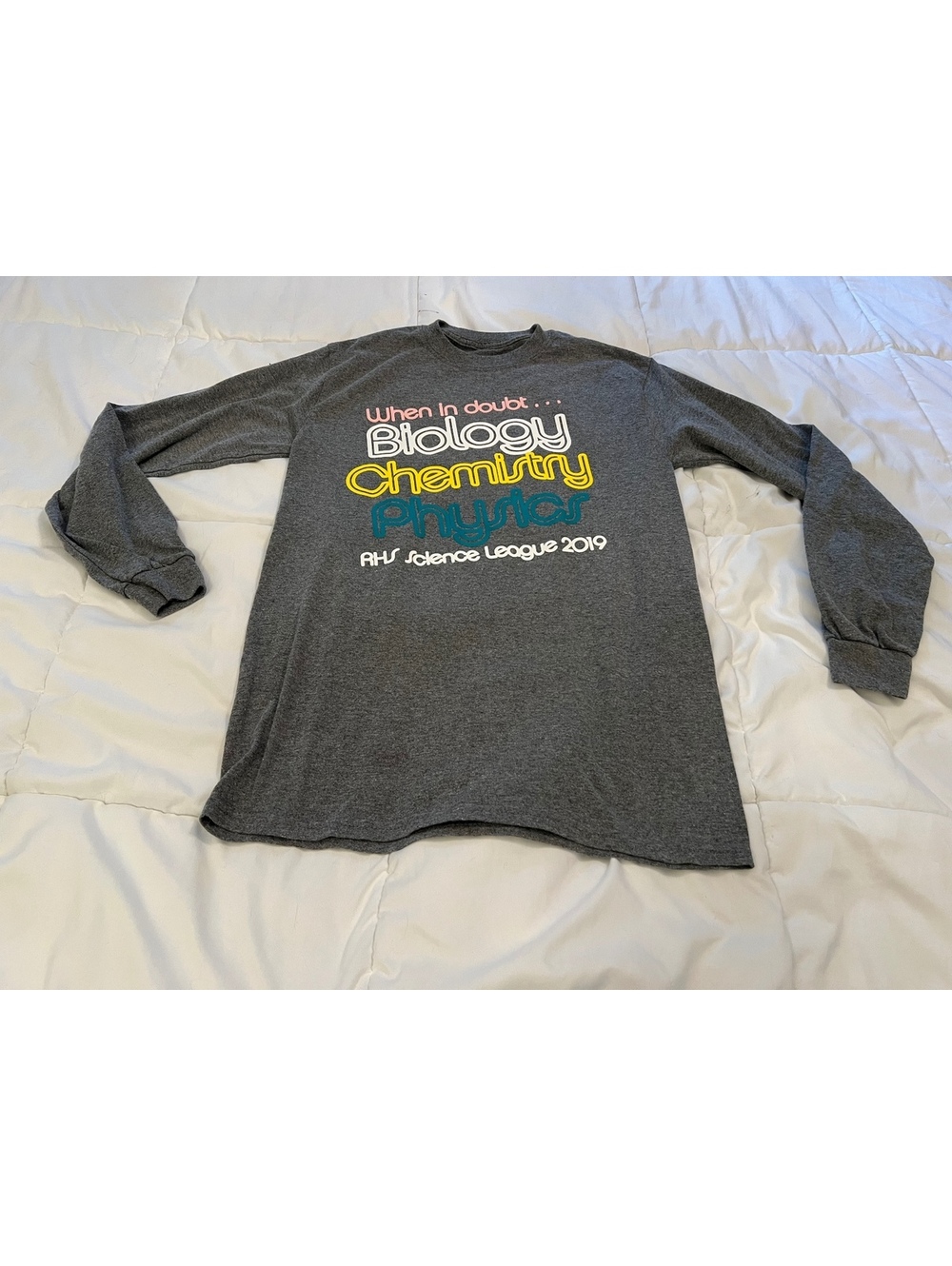Biology Chemistry Physics unisex adult small gray t shirt long sleeve